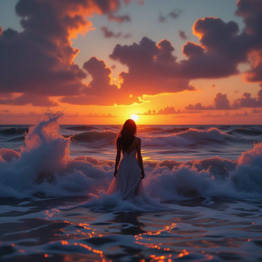 Woman at the Edge of a Raging Sunset Ocean