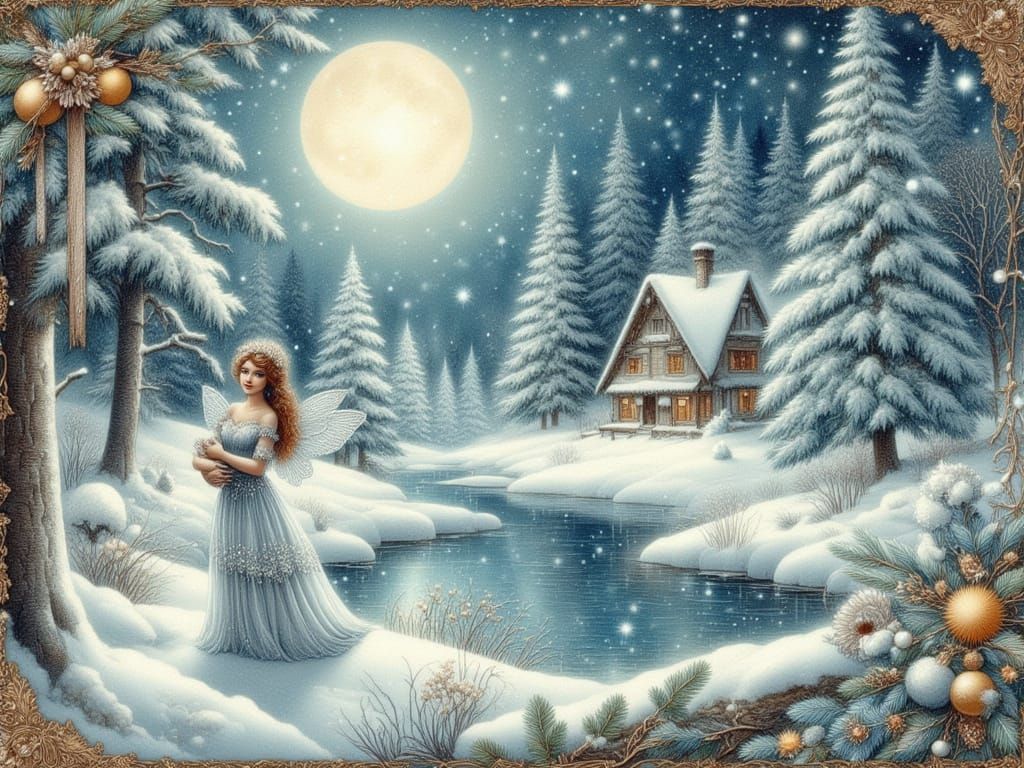 Fairy in Winter Forest Vintage Christmas Card