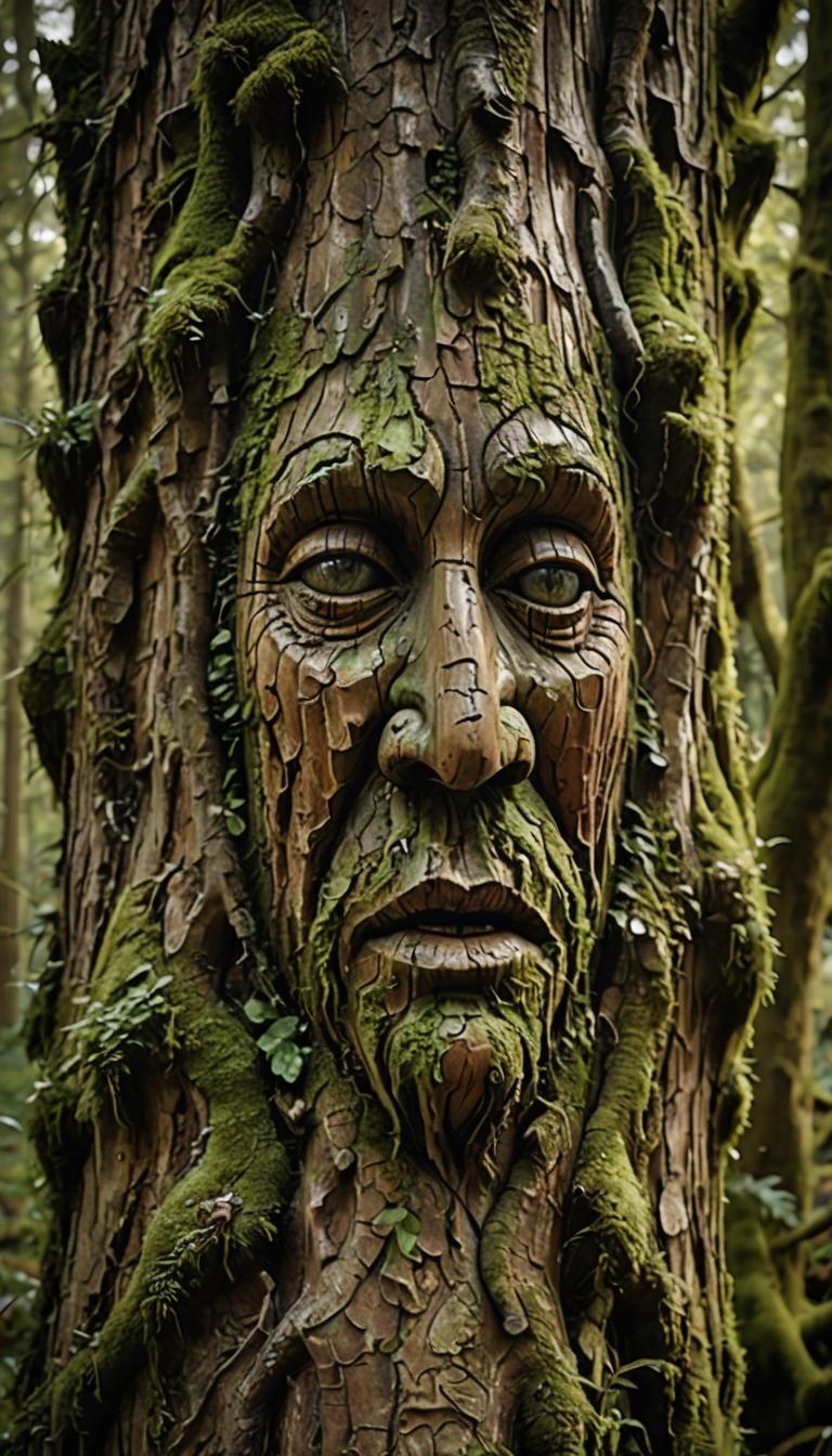 Tree Spirits Carved in Bark: Photorealistic 3D Art
