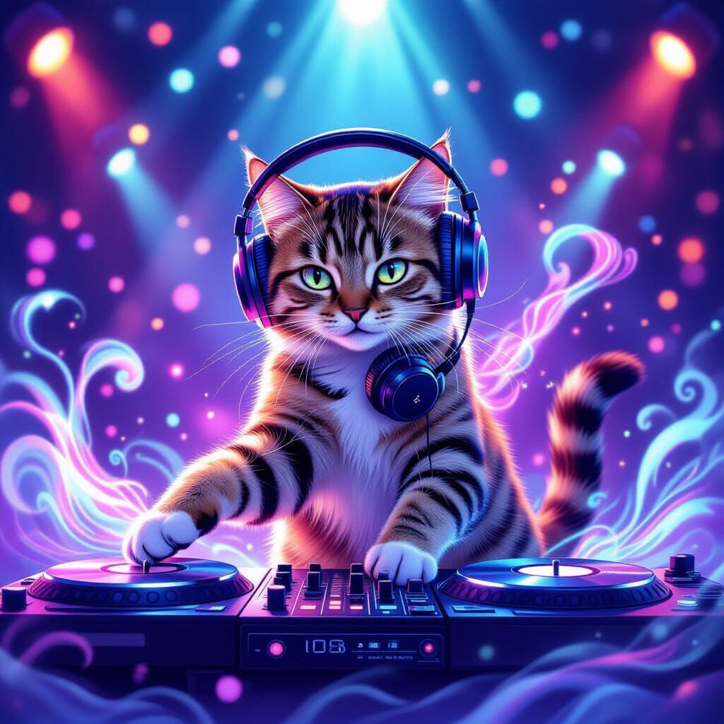 Tabby Cat DJ Conjuring Magic in Ethereal Nightclub