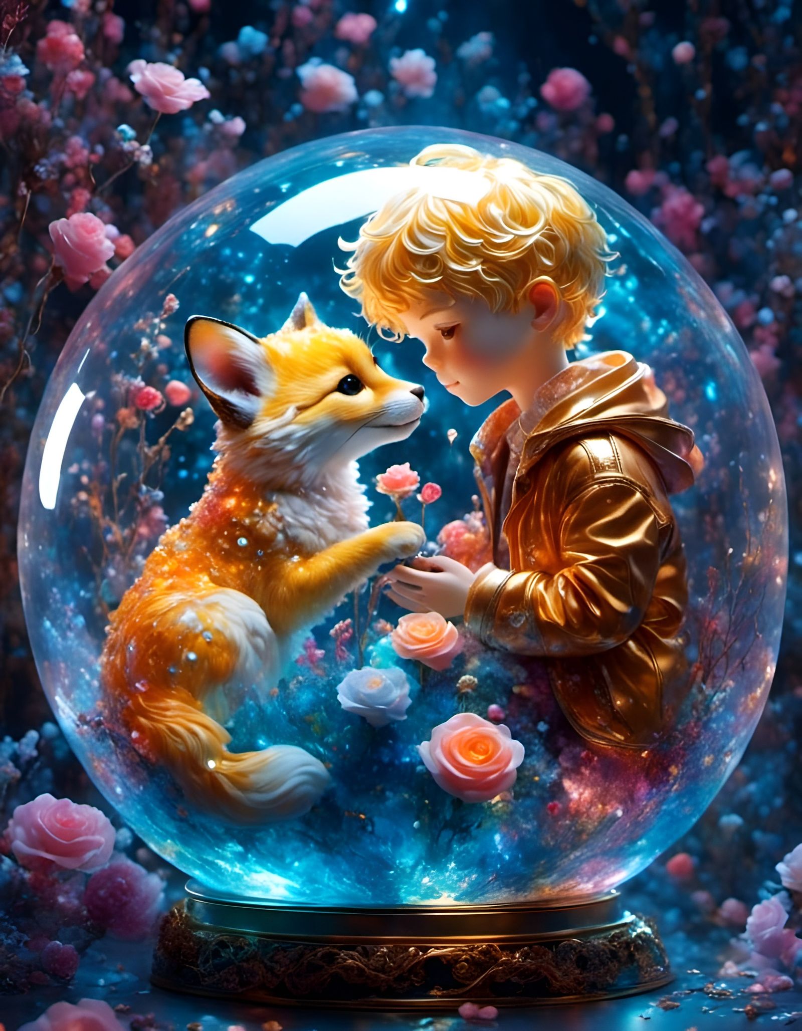 Little Prince, Fox, and Rose in Dreamy Semi-Realism