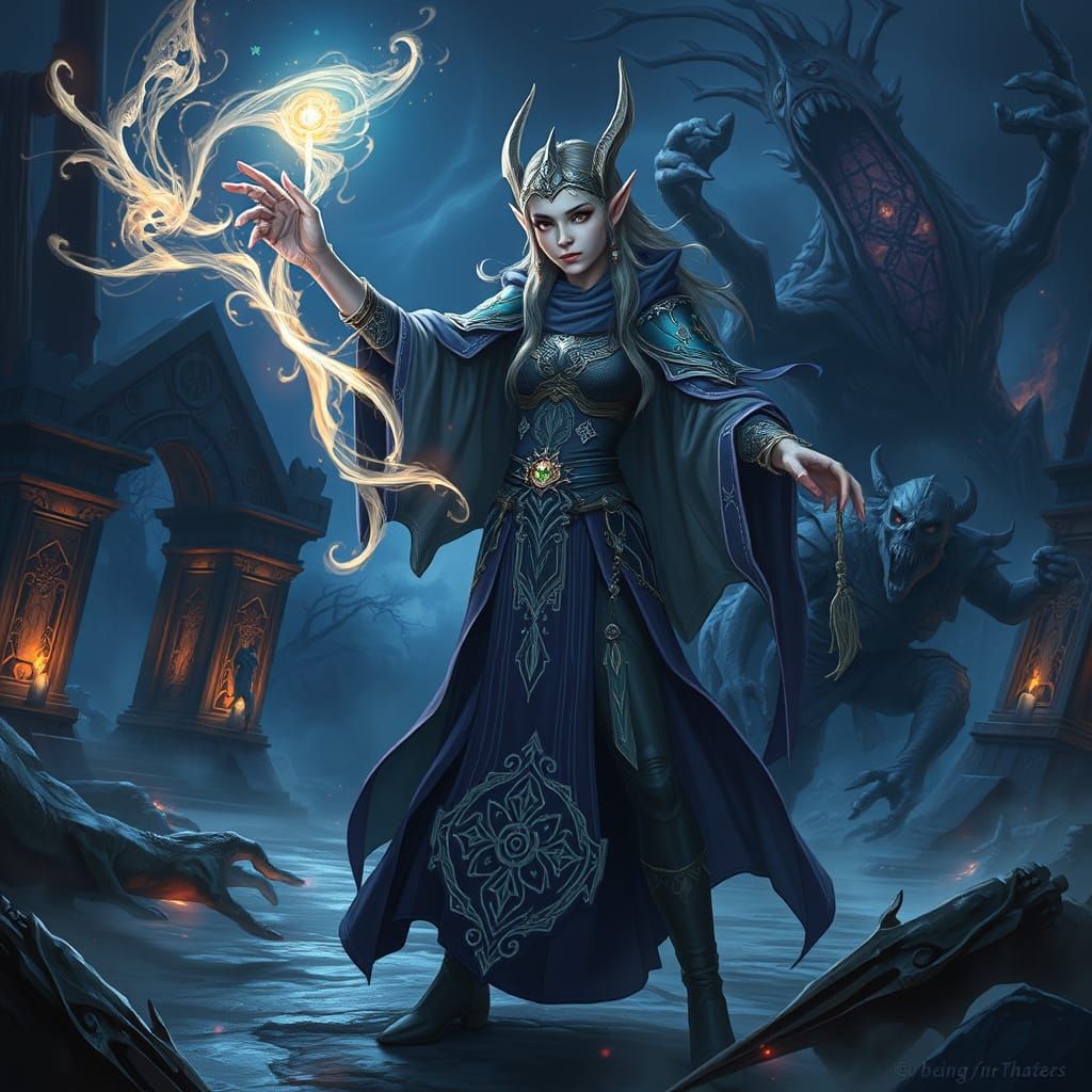 Mystical Night Elf Mage Battles Undead in Ethereal Lighting