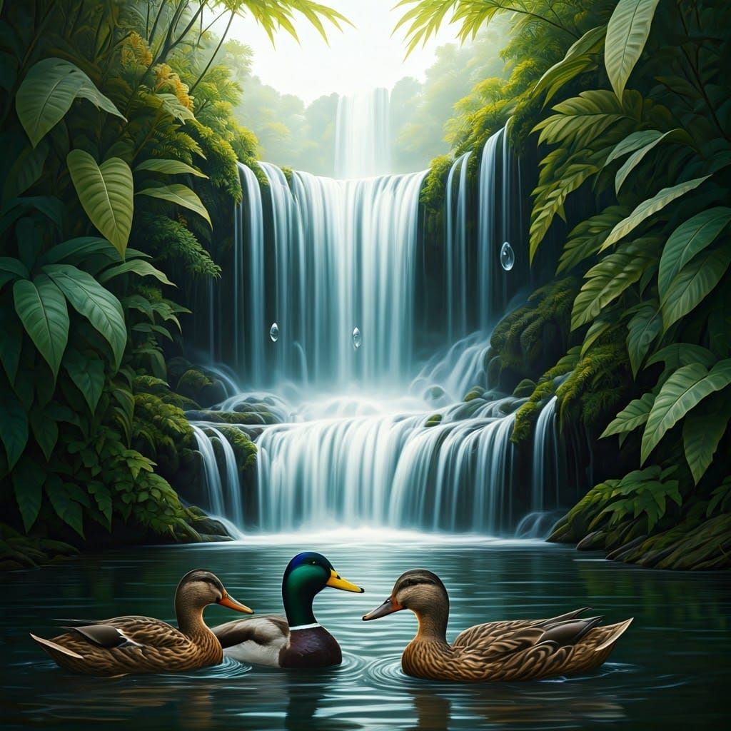 Ducks in Dreamlike Waterfall Scene, in Surrealist Style