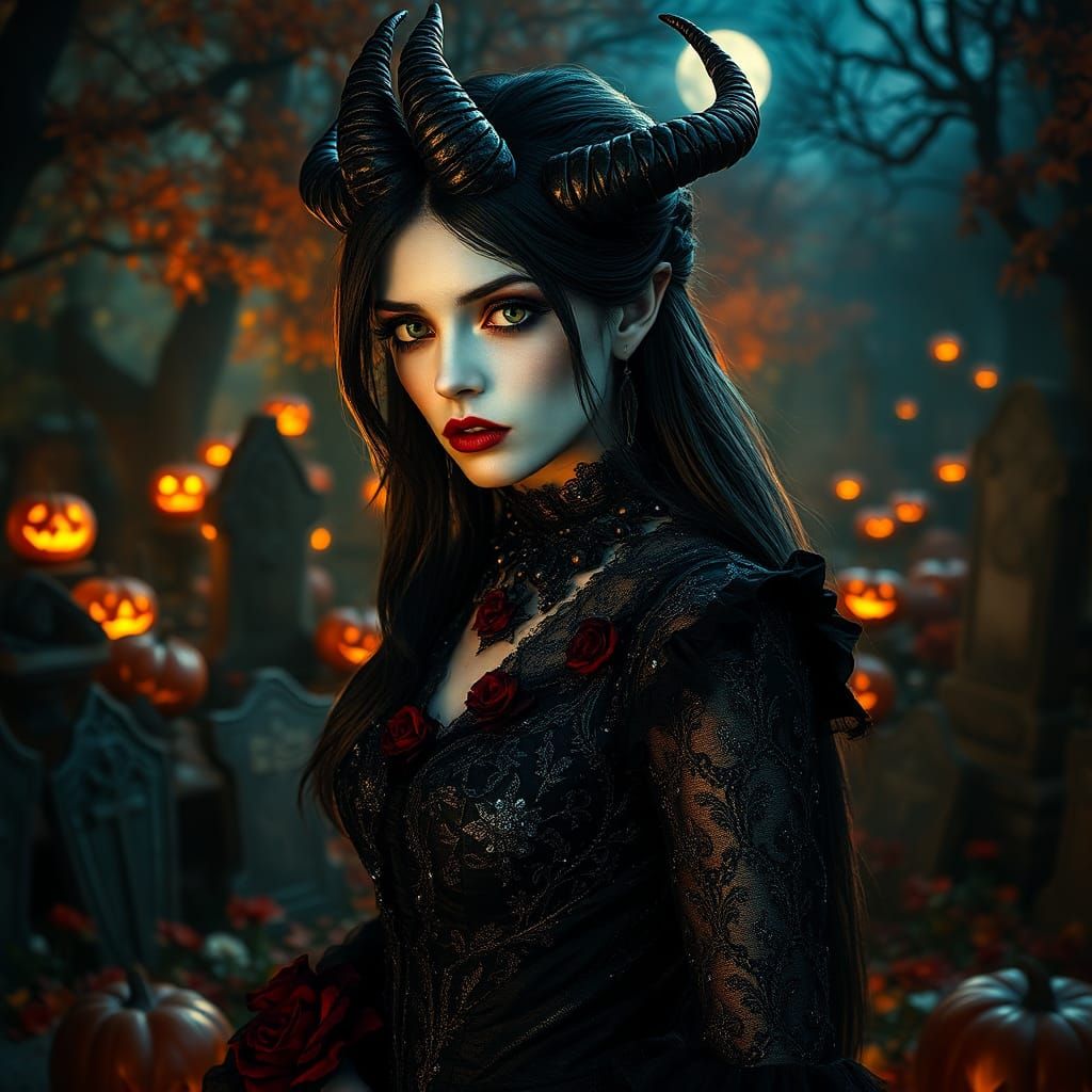 Elegant Demon Witch in Graveyard on Halloween Eve