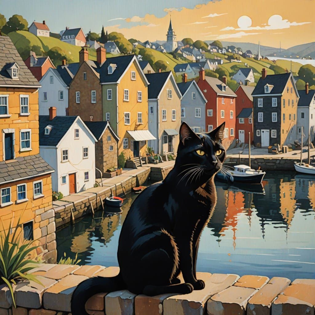 Black Cat Watches Harbor in Vintage Gouache Style