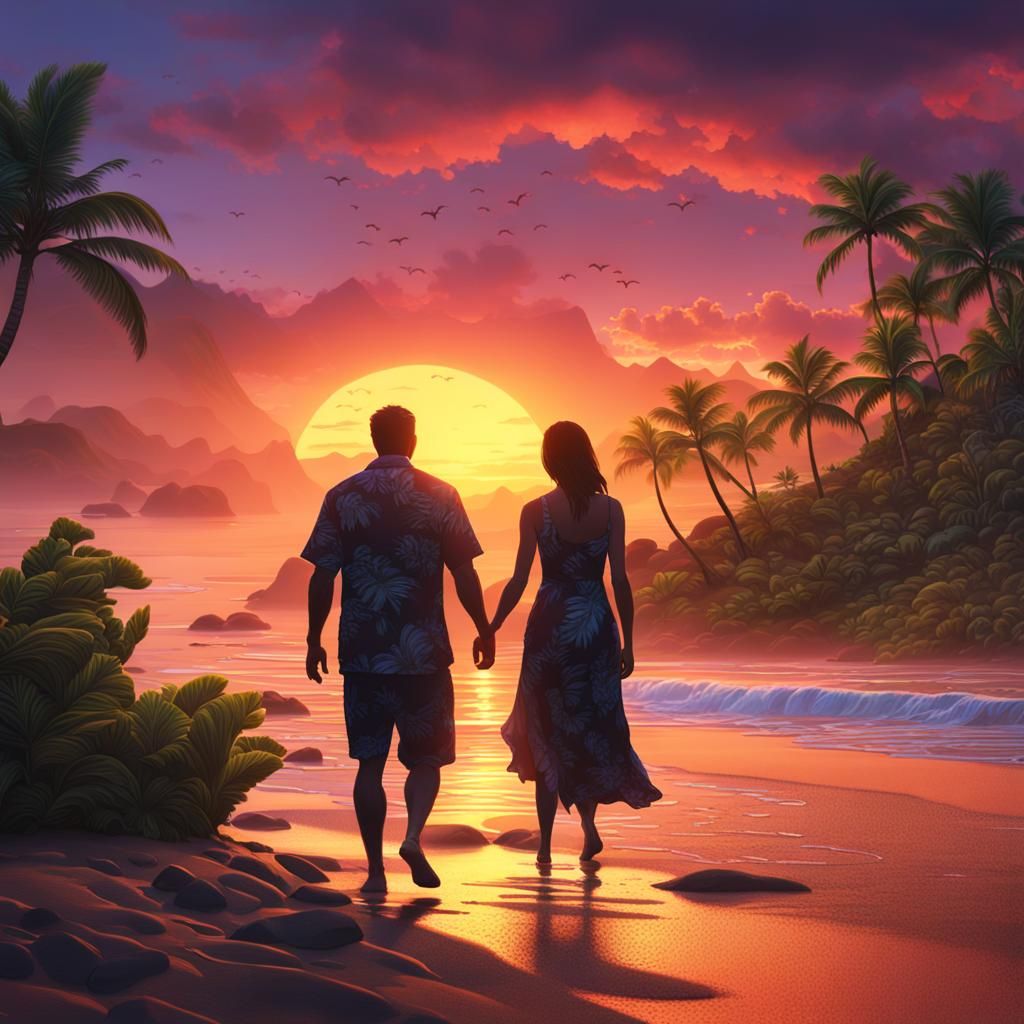Romantic Hawaii Sunset Beach Walk: Fantasy Concept Art