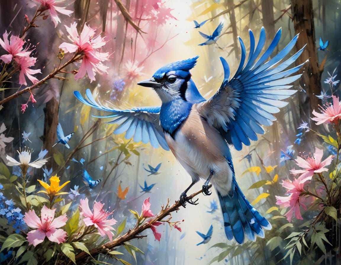 Bluejay in Cypress Forest, Watercolour Art