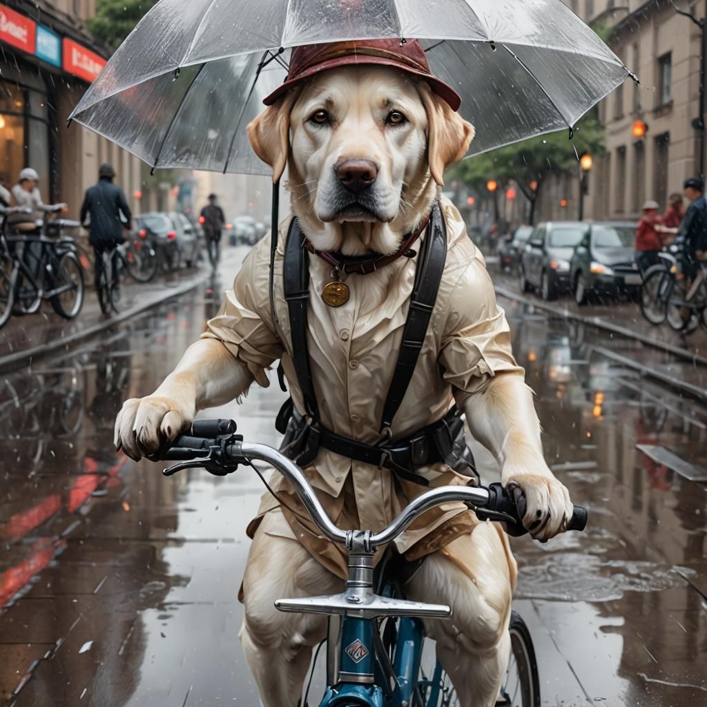 Labrador Rides Bicycle in Rain: Hyperdetailed Art