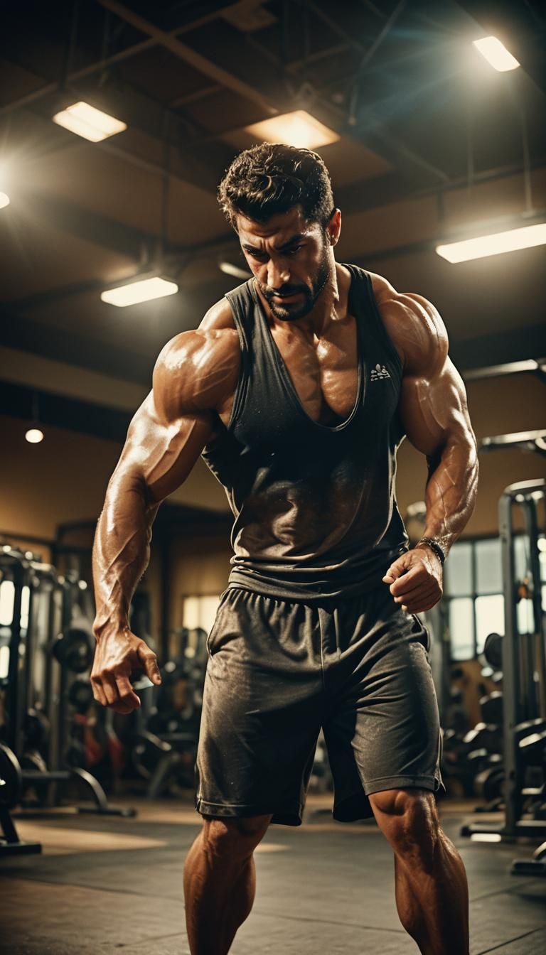 Muscular Bodybuilder Flexing in Dimly Lit Gym