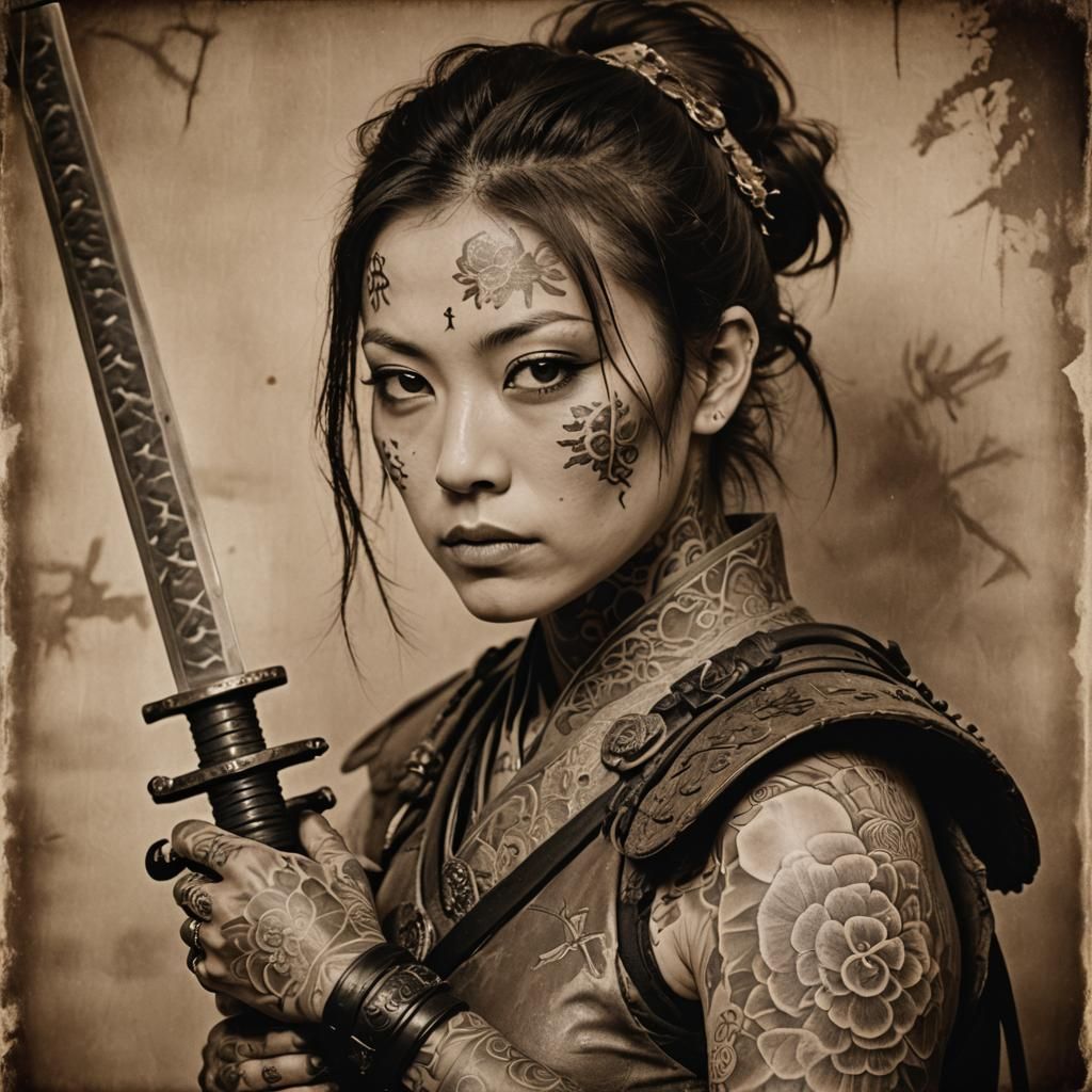 Sepia Portrait of Tattooed Samurai Woman