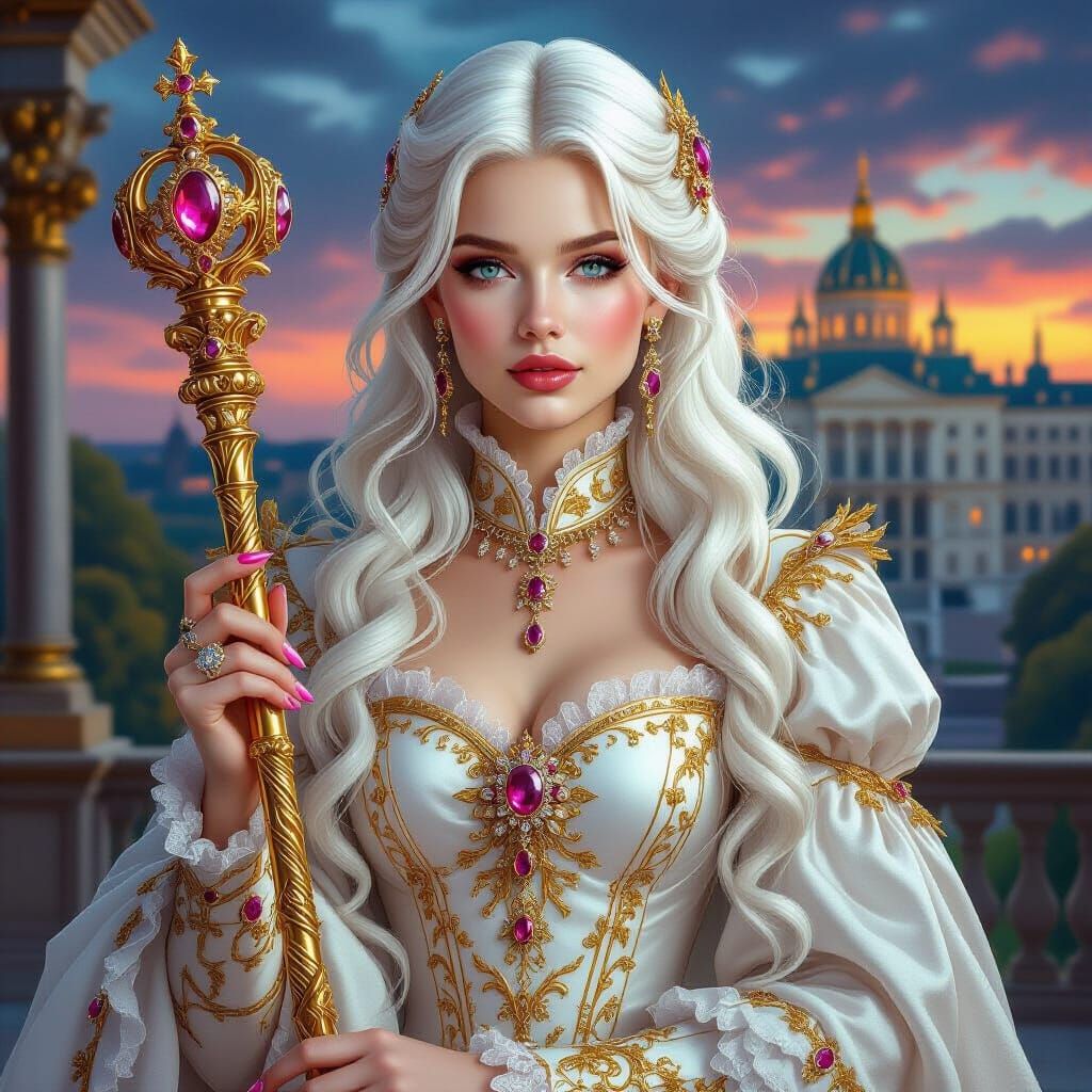 Baroque Queen with Jewel Scepter at Twilight Palace