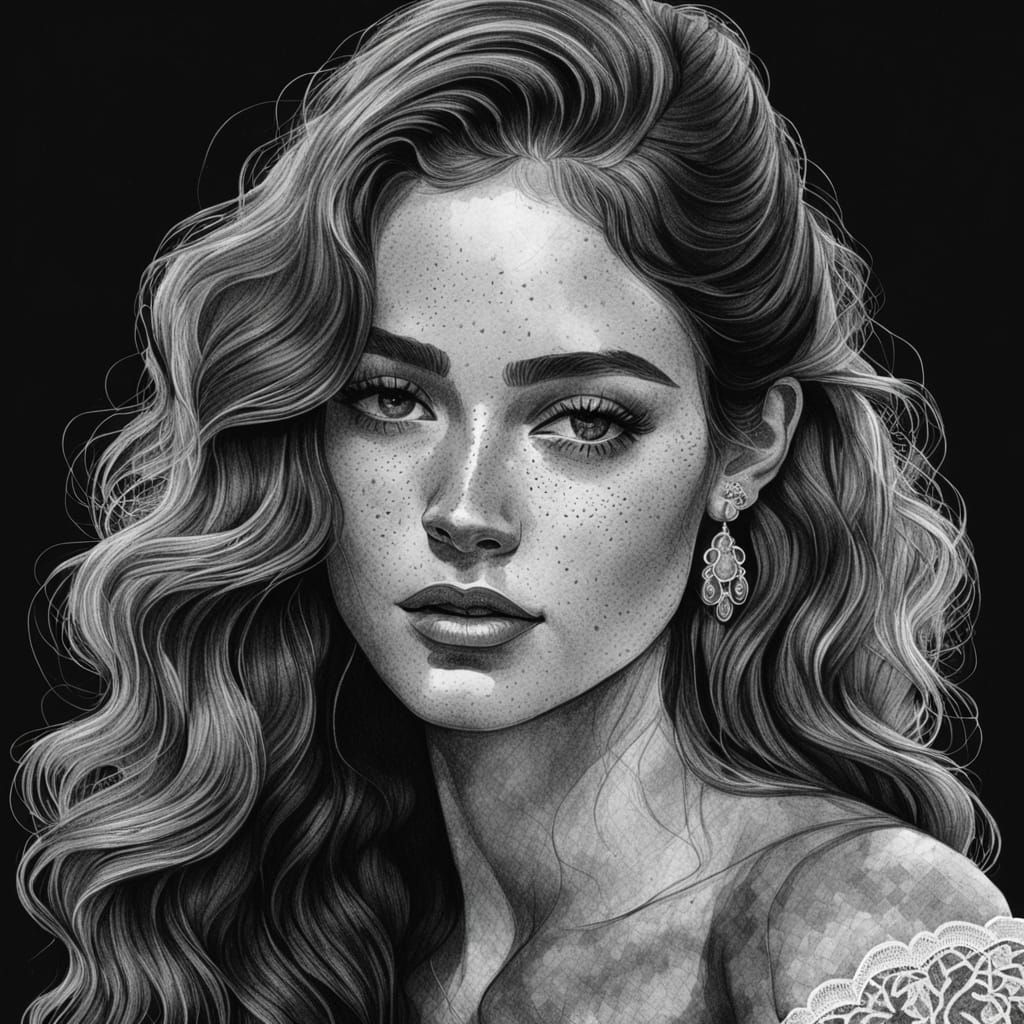 Young Woman Portrait in Black and White Charcoal Drawing