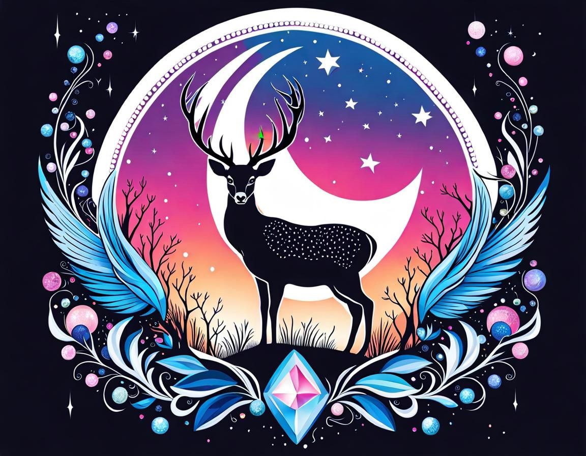 Deer with Wings, Crystals, and Moon Design