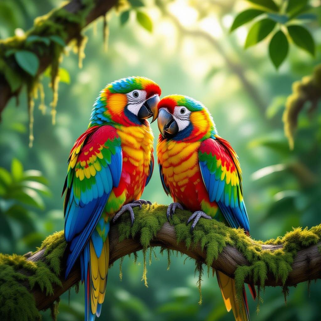 Vibrant Parrot Couple Grooming on Mossy Branch