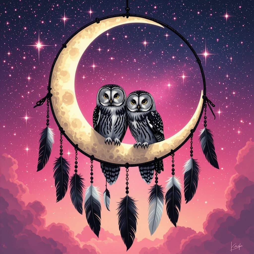 Fantasy Owl in Crescent Moon Dreamcatcher