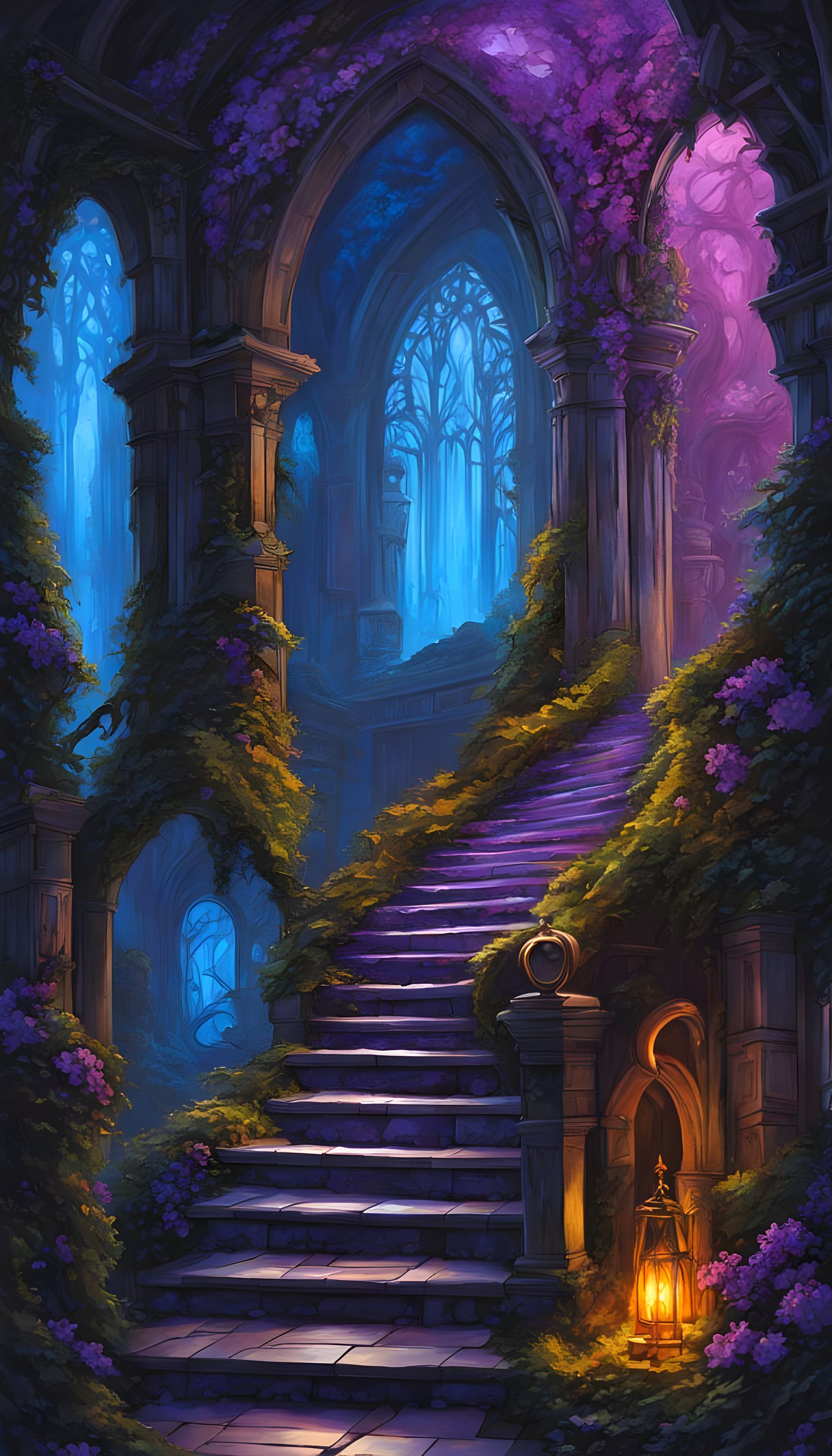 Glowing Crystal Pathway Descends into Ancient Cavern