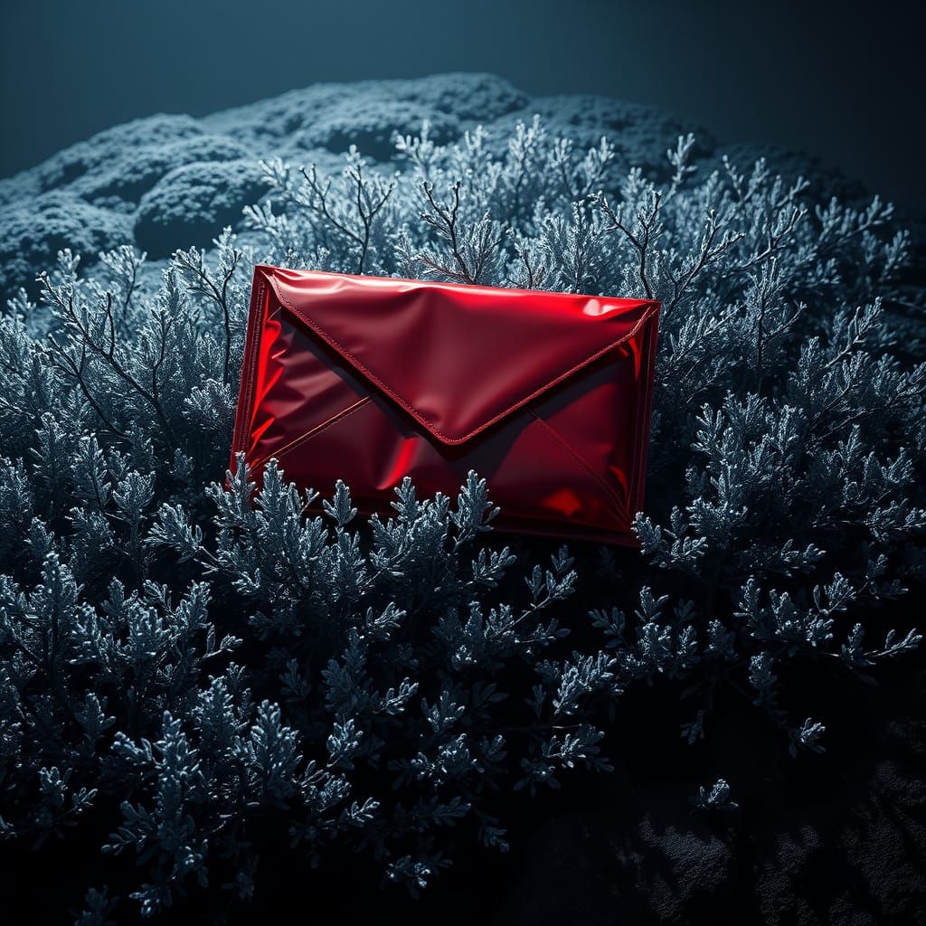 Red Envelope on Silver Brambles in Futuristic Style