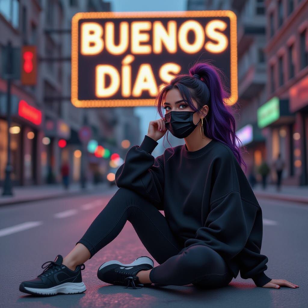 Cartoon Woman with Neon Sign in Cityscape