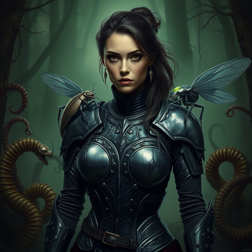 Fearless Warrior Amidst Twisted Crops in Dark Forest