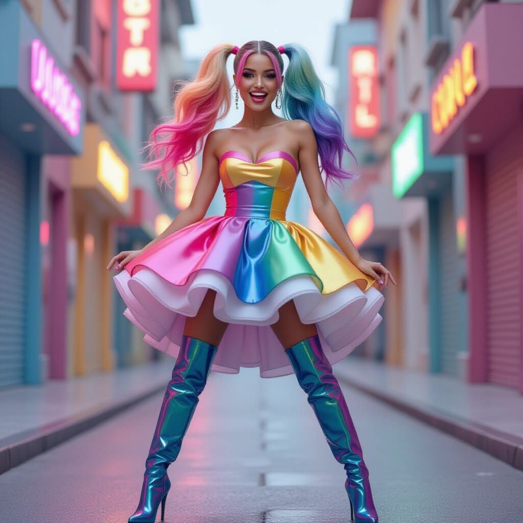 Vibrant Rainbow Ponytail Character in High-Gloss Outfit