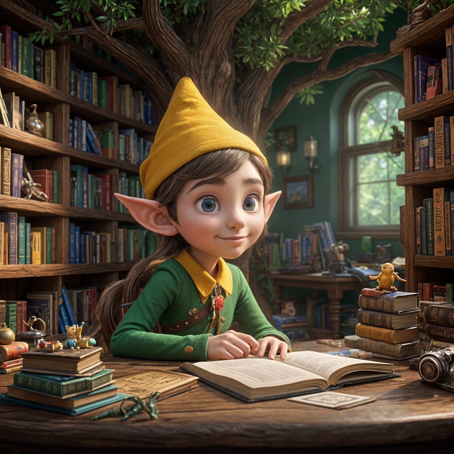 Cute Elf in a library