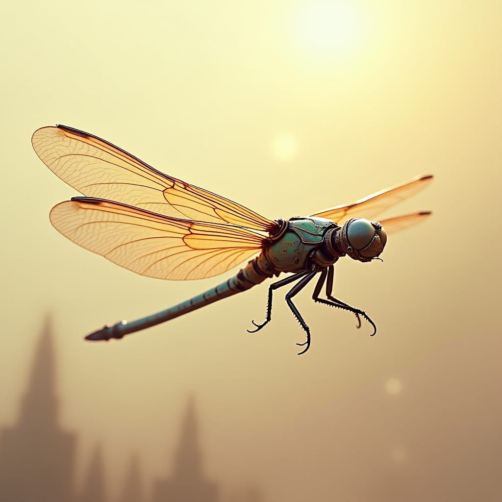 Uniformed Iridescent Dragonfly Soaring in Dreamlike Sky