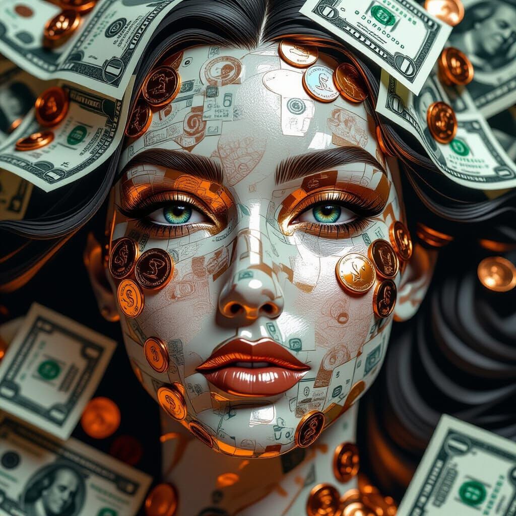 Portrait Made of US Dollar Bills with Copper Penny Eyes