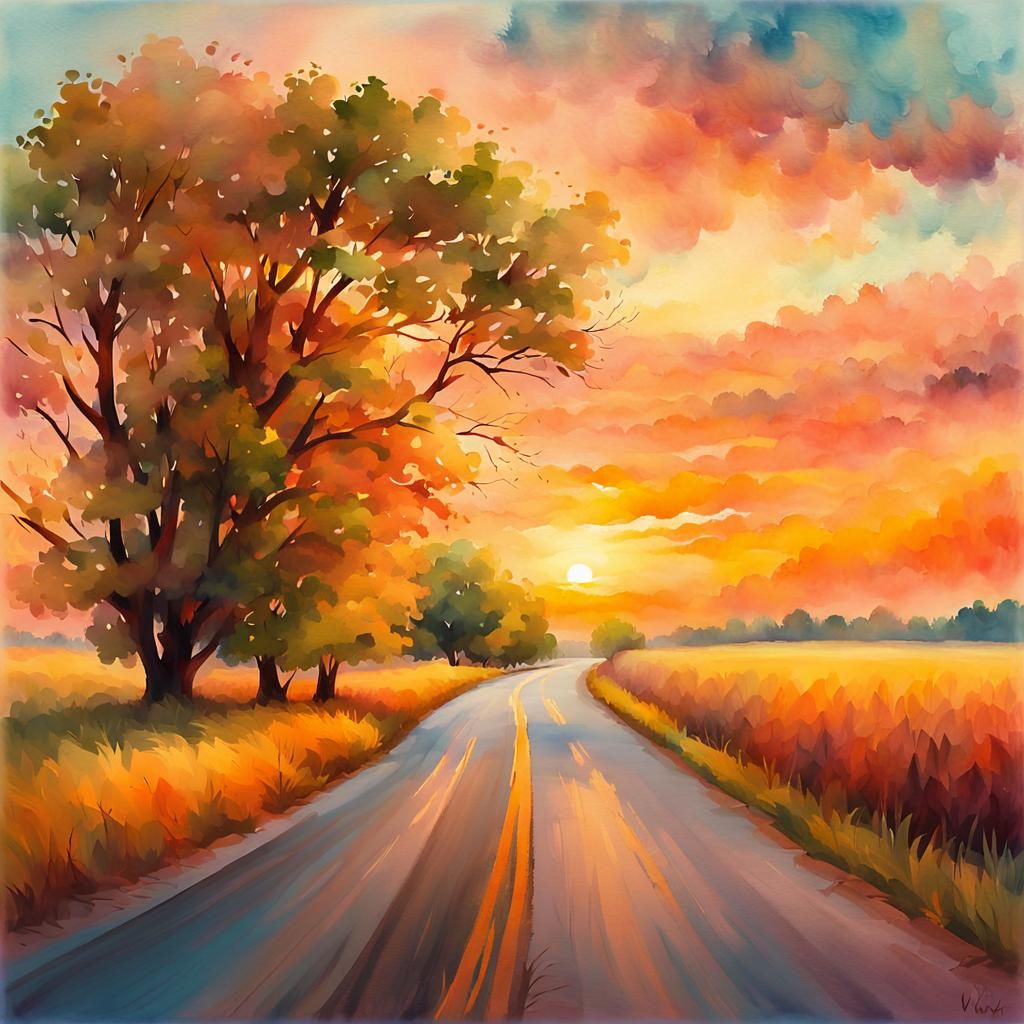 Sunset Trees in Impressionistic Digital Landscape