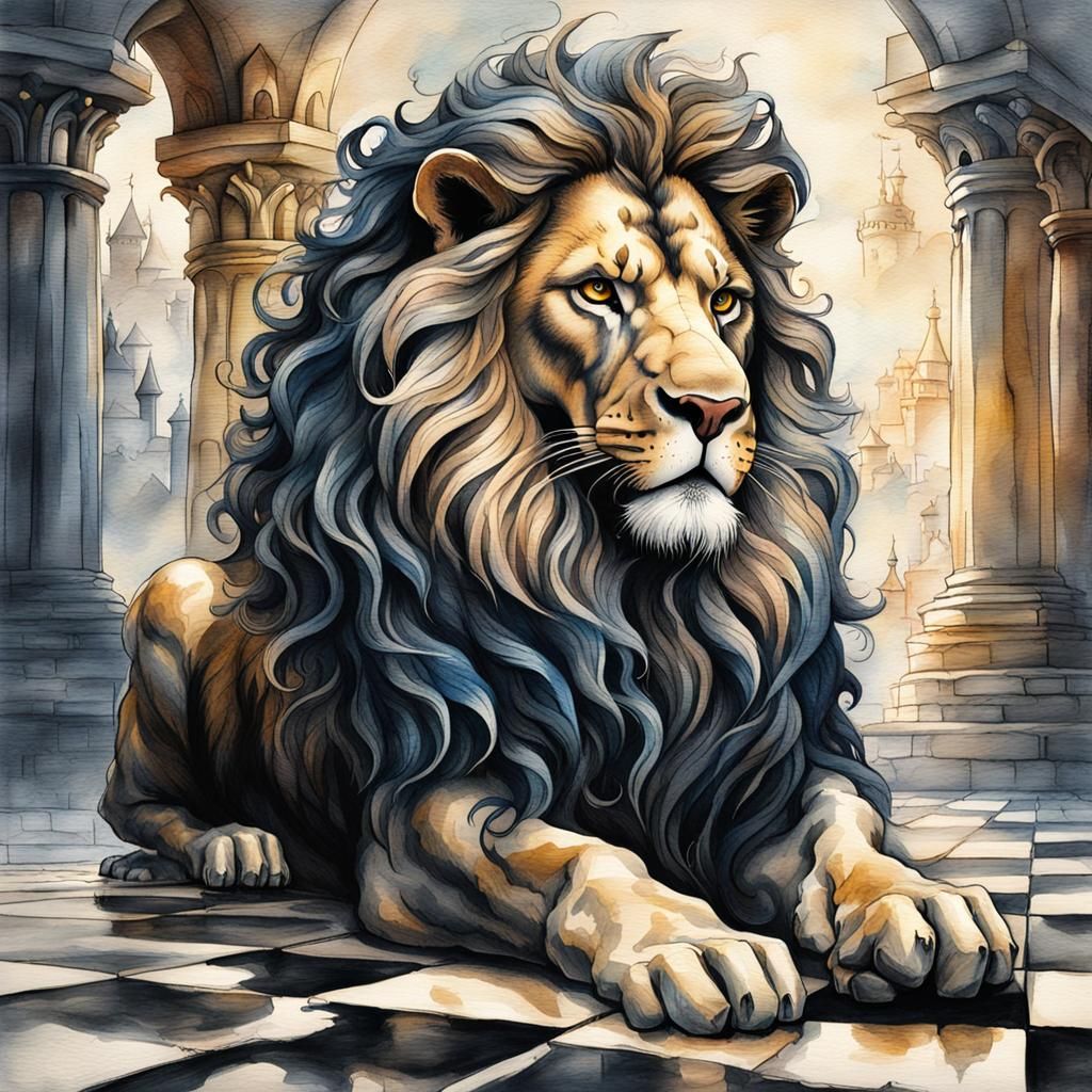 Lion Chess King Spirit in Watercolor Style