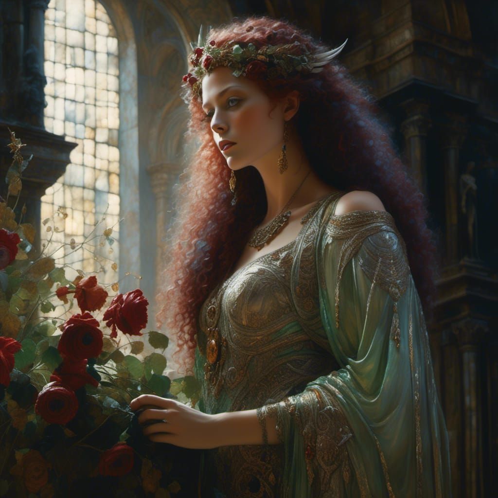 Red-headed Goddess with Horns in Hyperreal Style