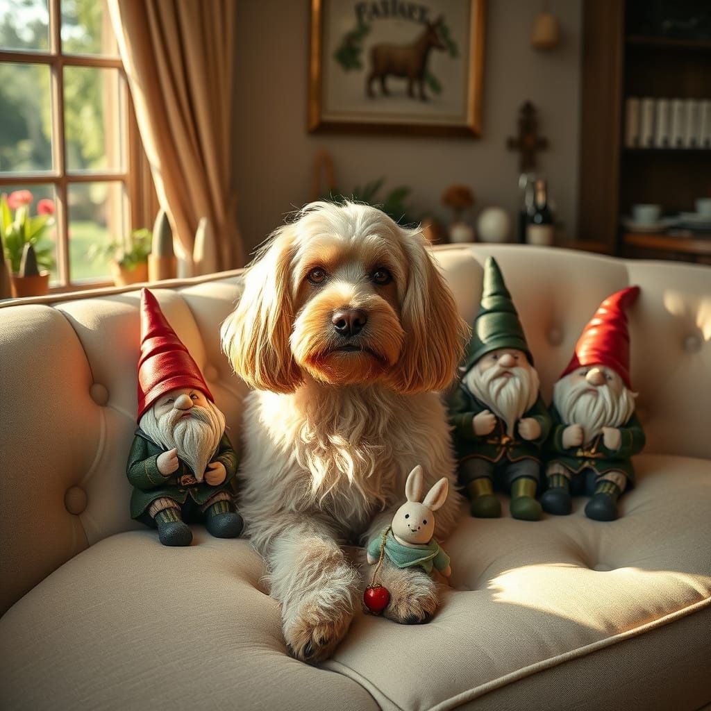 Cozy Cocker Spaniel Scene with Gnomes in Fairy-Tale Style