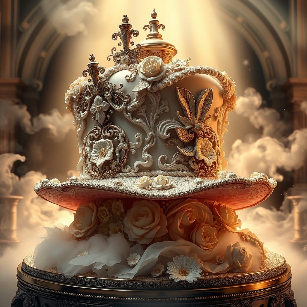 Majestic Cake Sculpture with Sugar Flowers and Edible Glitte...