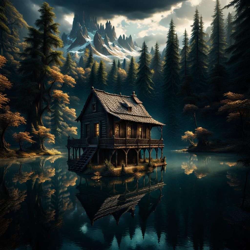 Eerie Lakeside Cabin in Forest: Digital Matte Painting
