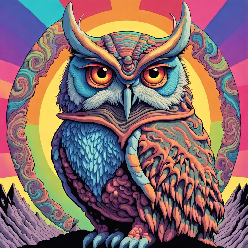 Psychedelic Owl Rides a Woolly Mammoth