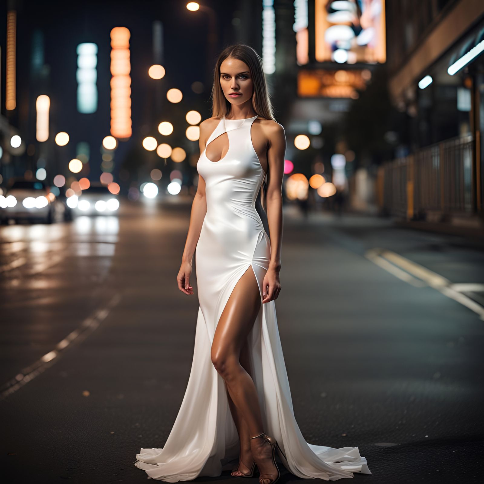 Woman in White Dress on Empty City Street at Night