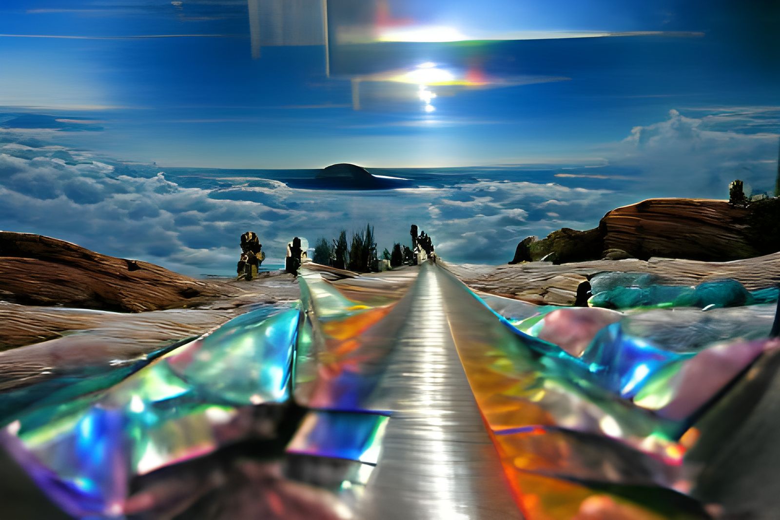 Glass Road to Infinity with Prismatic Clouds
