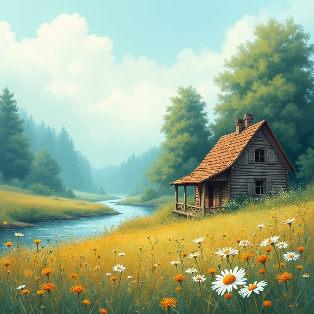 Watercolor Fantasy Landscape with Rustic Cabin and Wildflowe...