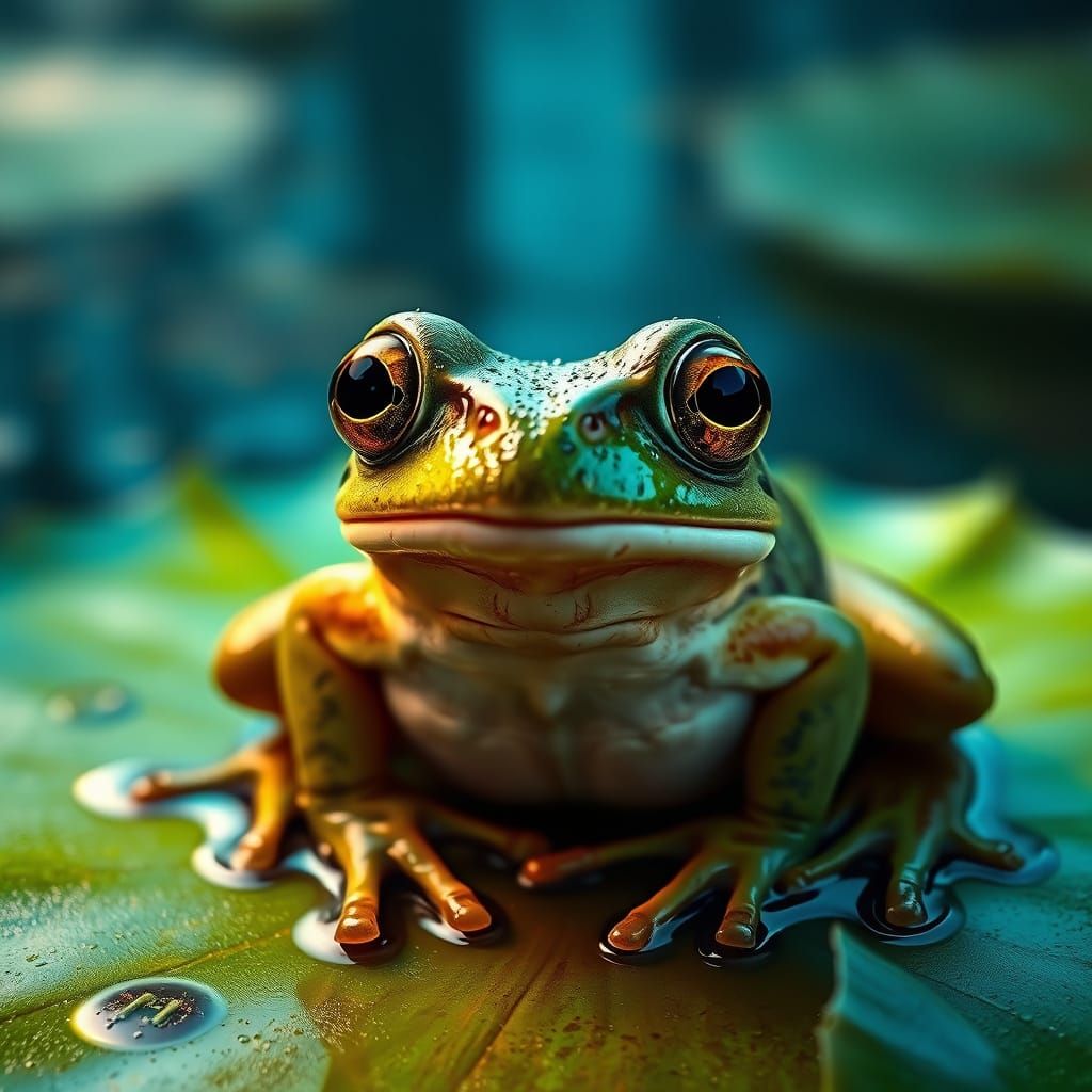 Surprised Frog on Lily Pad in Hyper-Realistic Style