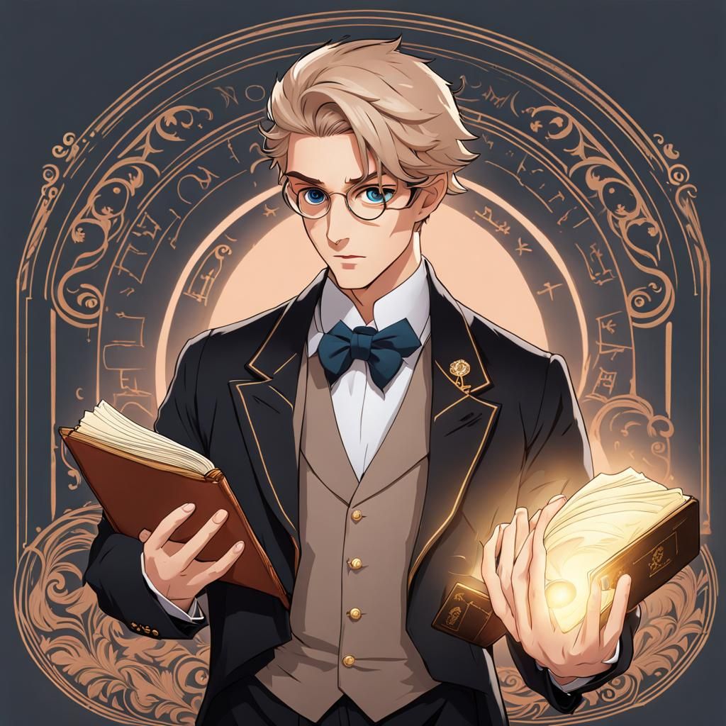 Young Man in Suit and Monocle Holding Spellbook