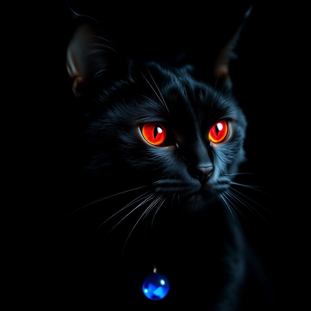 Surreal Cat in Dark Room with Hypnotic Red Glow