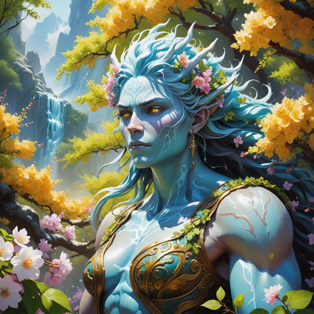 Spring Goddess Fights Off Ice Giant in Vibrant Oil Painting