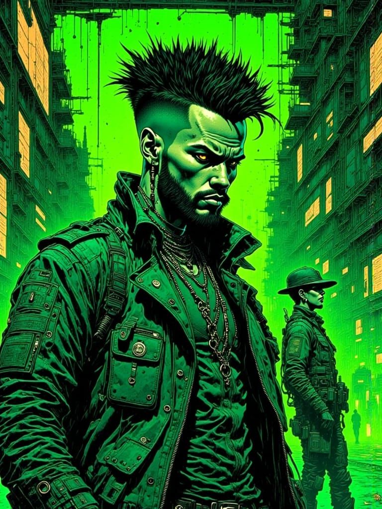 Punk Portrait in Cyberpunk City, Linocut Style