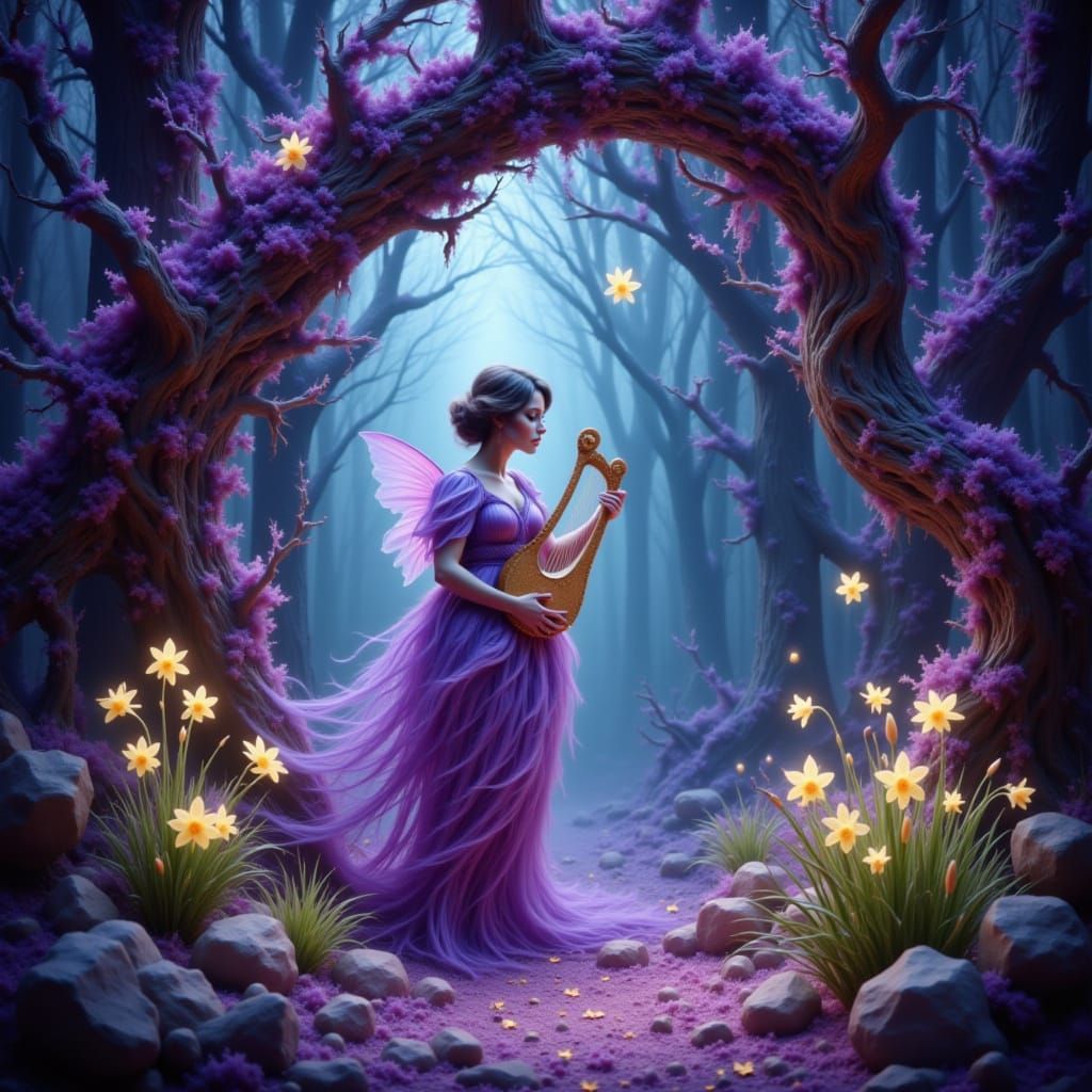 Purple and blue renaissance art depicting a muse playing the...