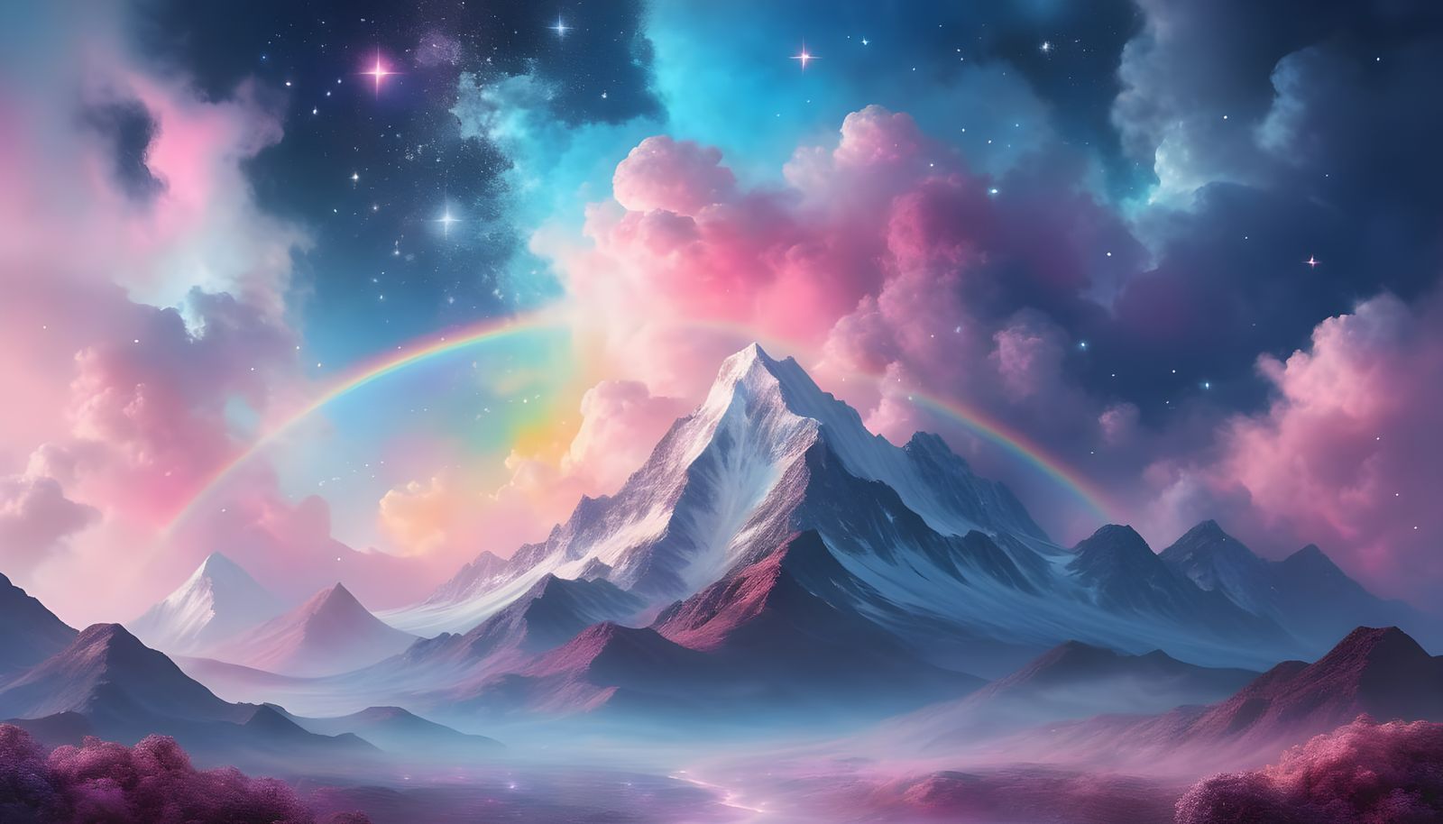 Cosmic Fantasy Art of a Rainbow Shimmering Through Clouds