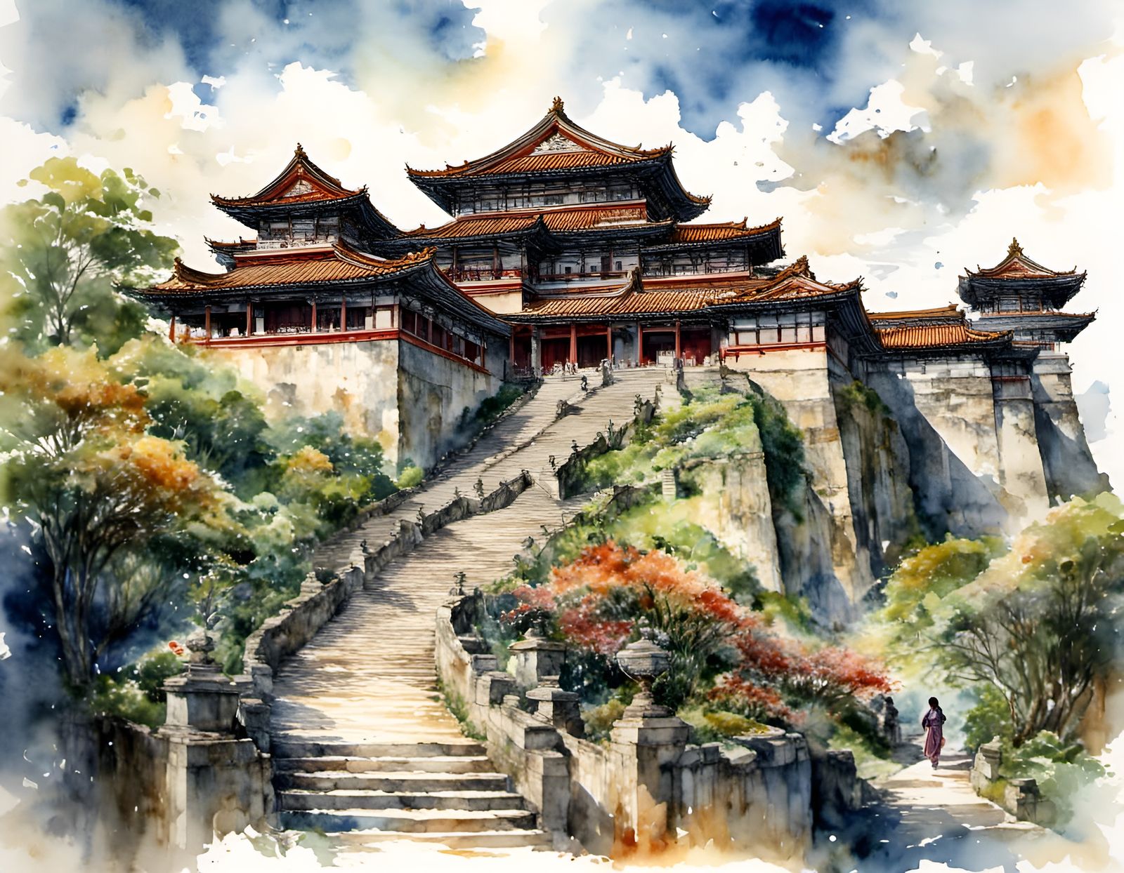 Shuri Castle in Watercolor Style