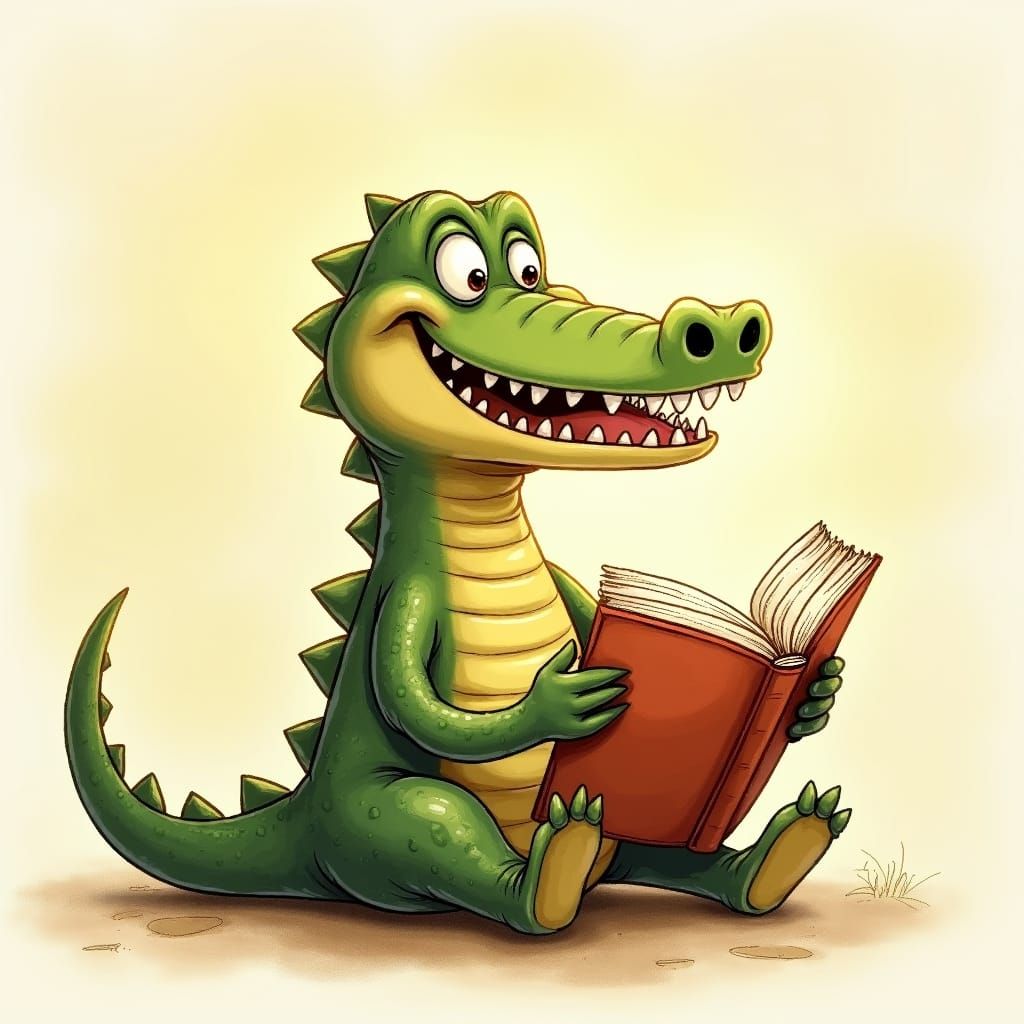 An anthropomorphic crocodile sitting and reading a book.