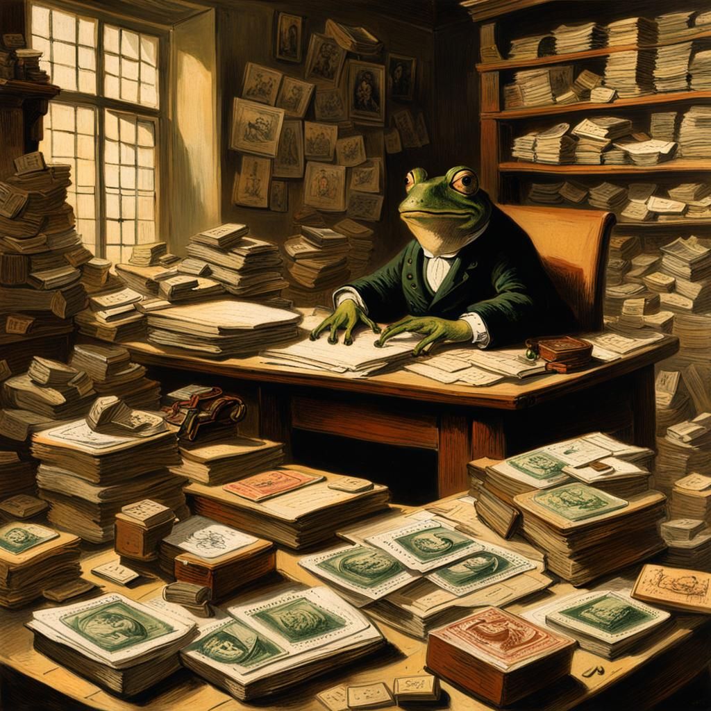 Frog Bureaucrat in Rembrandt Style Office