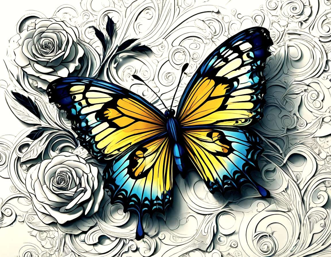 Vibrant Butterfly Perches on Tiny Rose Bud in Whimsical Frac...