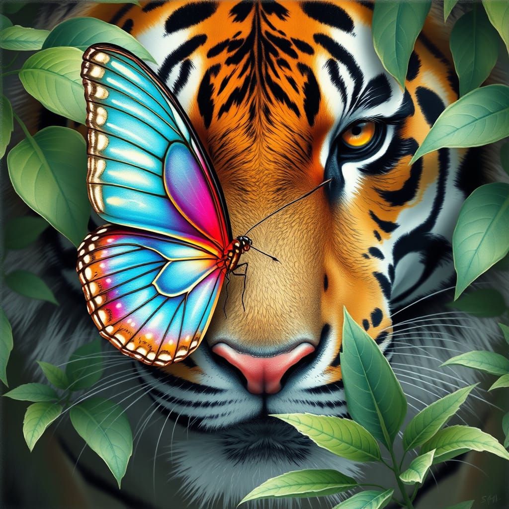 Exotic Butterfly Perched on a Tiger's Nose in Whimsical Art ...