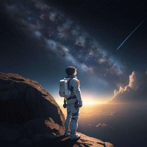 Astronaut Gazing at Planets in Anime Style